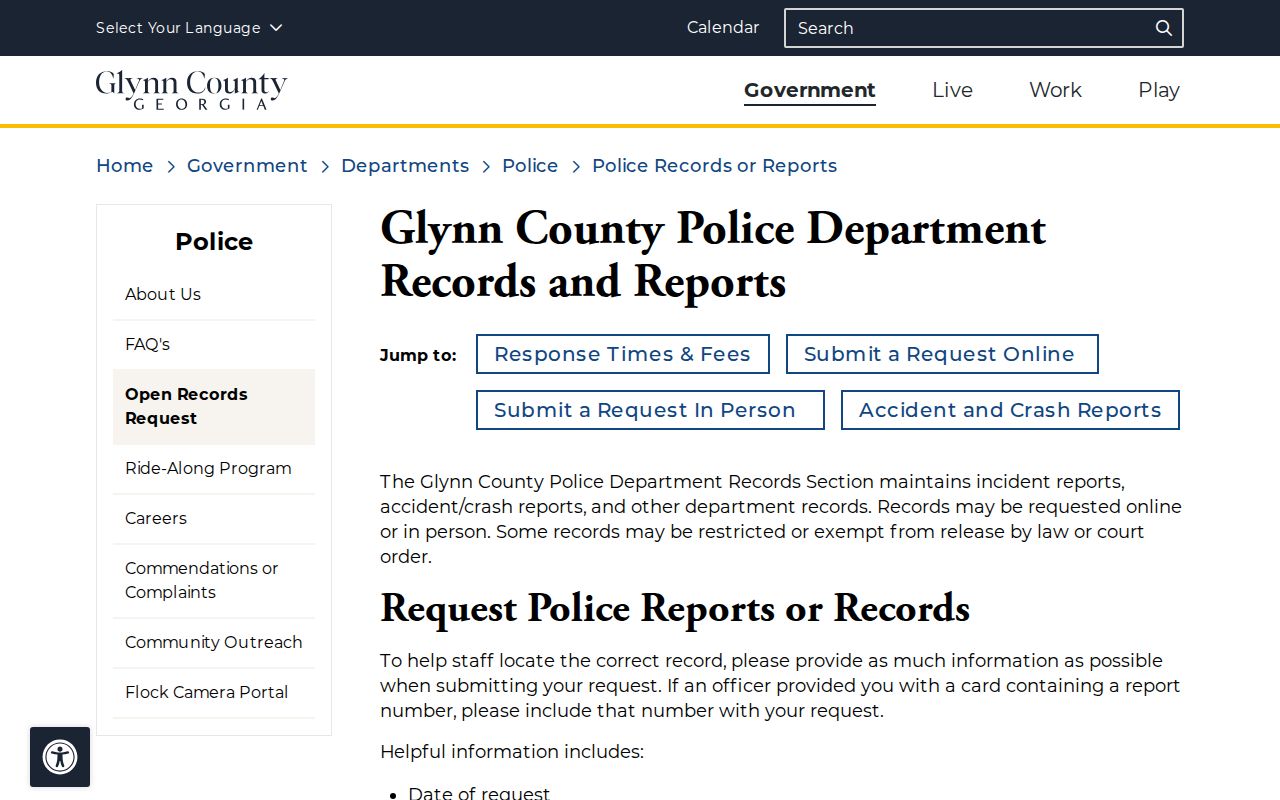 Glynn County arrest report request through Police Records