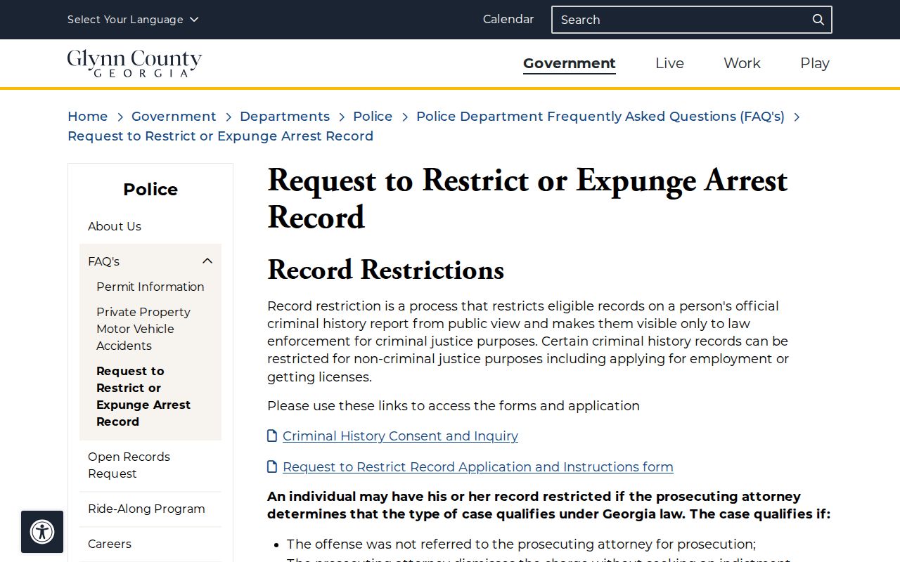 Glynn County arrest record restriction instructions