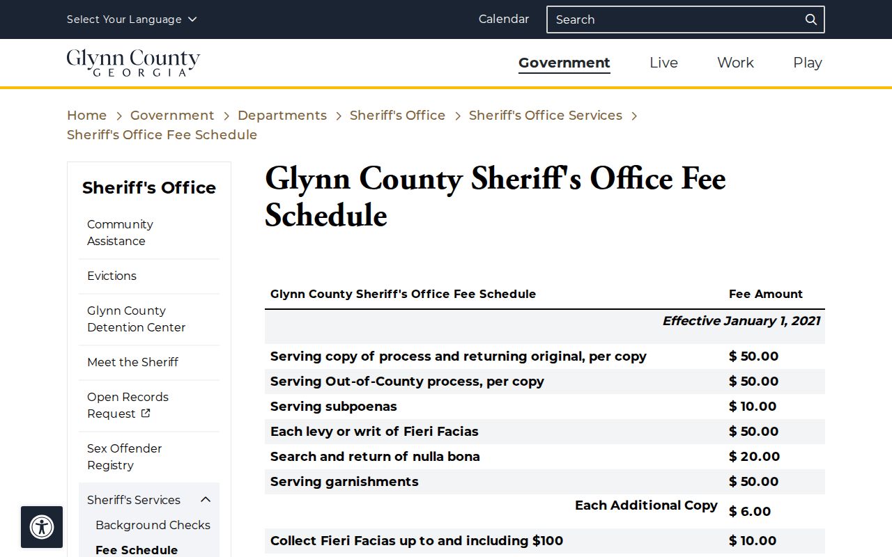 Glynn County arrest history Sheriff records fee schedule